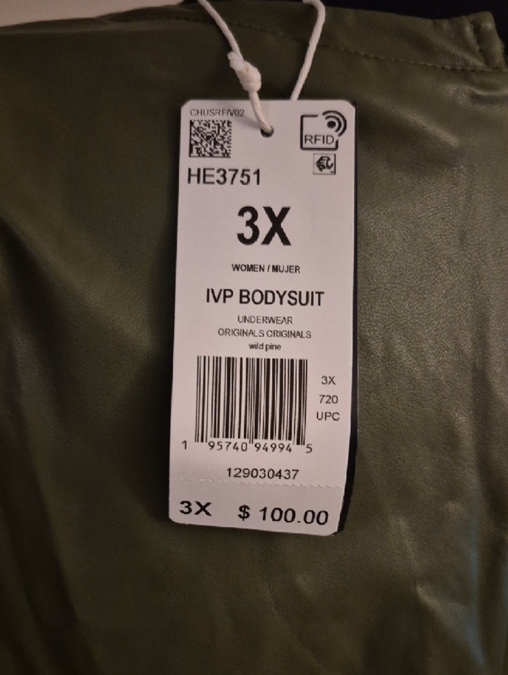 Ivy Park Adidas Olive Green Faux Leather Long Sleeve Bodysuit (3XL) - Picture 4 of 4